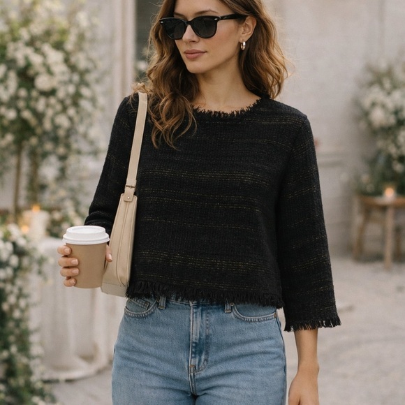 Zara Tops - ZARA Black Textured Fringe Hem Top – Parisian Chic Spring Layer